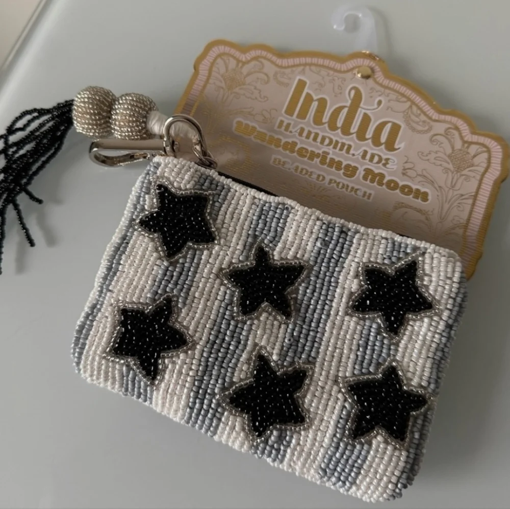 🩶▪️Wandering moon▪️ Blue White Striped Beaded Star zipper Pouch Beaded Tassle